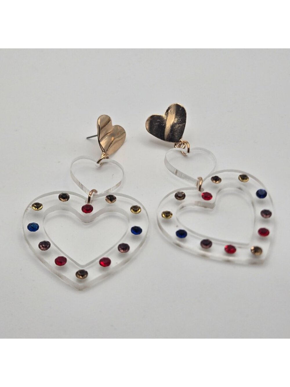 Vintage 90s Large Heart Acrylic Dangle Earrings Multicolor Rhinestones